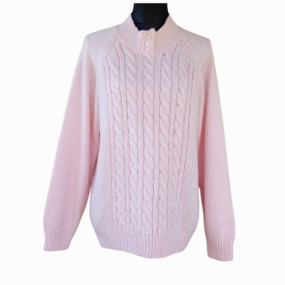 Karen Scott Sweaters - Karen Scott Pink Half Cable Knit Mock Neck Sweater (L)